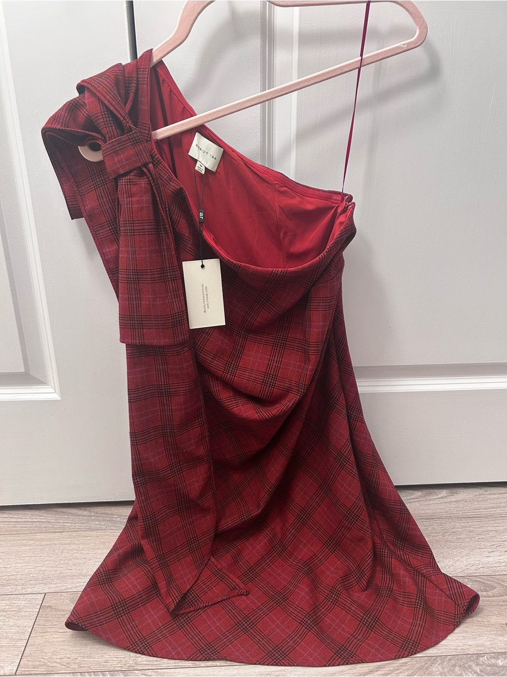 NWT: Adelyn Rae Red Plaid Nessi One Shoulder Dress with Bow Detail Lined Holiday